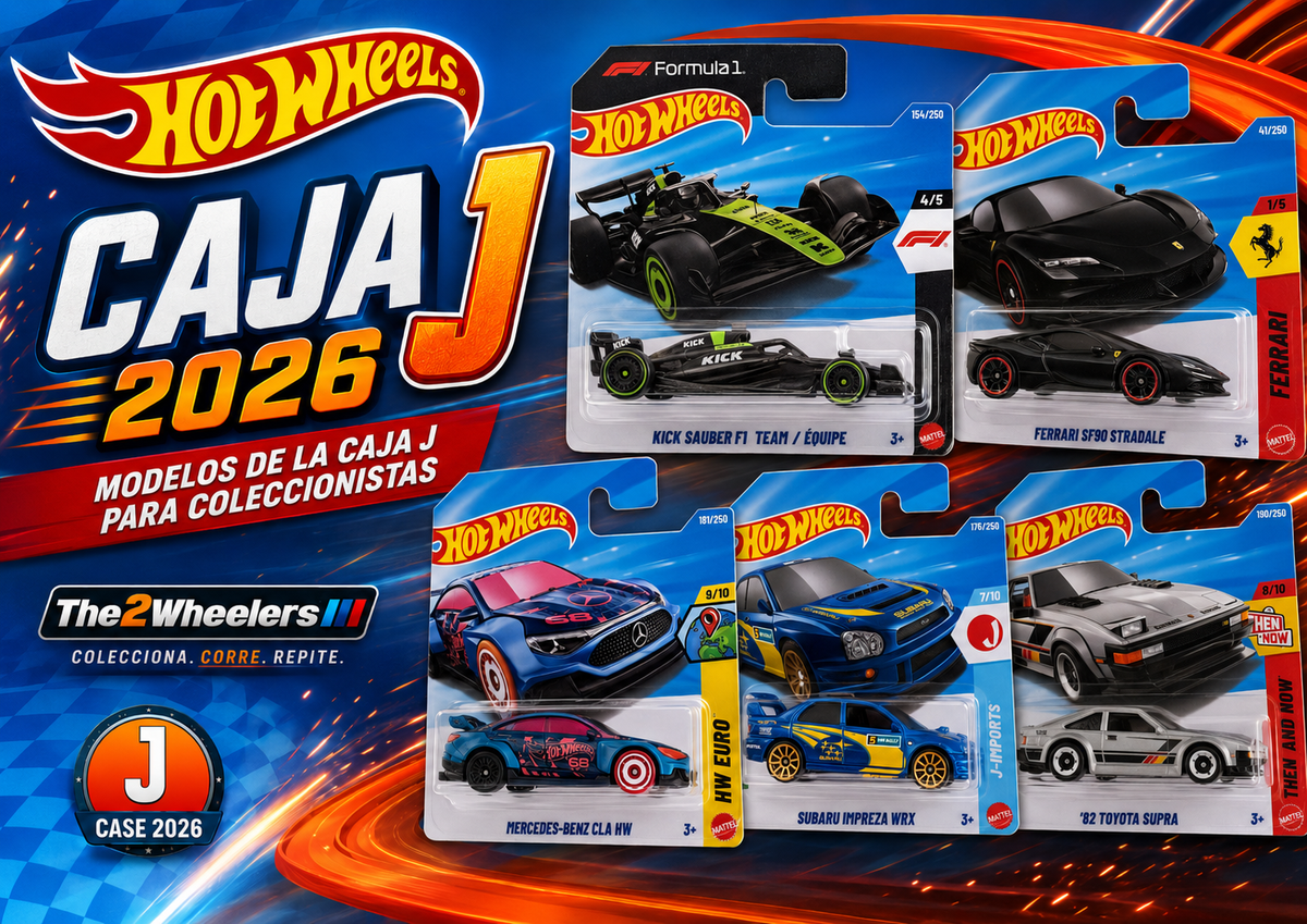 Imagen promocional de la colección Hot Wheels Caja J 2026 de The2Wheelers, con cinco coches Hot Wheels destacados en blister sobre un fondo de carreras azul y naranja.