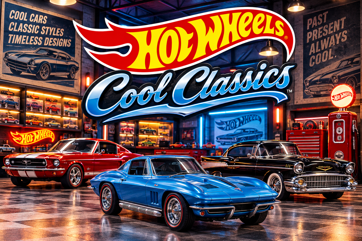 Portada de la colección Hot Wheels Cool Classics con coches americanos clásicos rojos, azules y negros en un garaje retro iluminado con luces de neón.