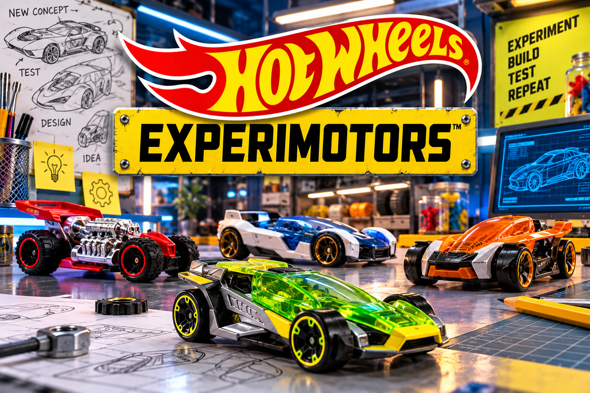 Portada de Hot Wheels Experimotors con vehículos de fantasía verdes, rojos y naranjas en un laboratorio de diseño automovilístico.