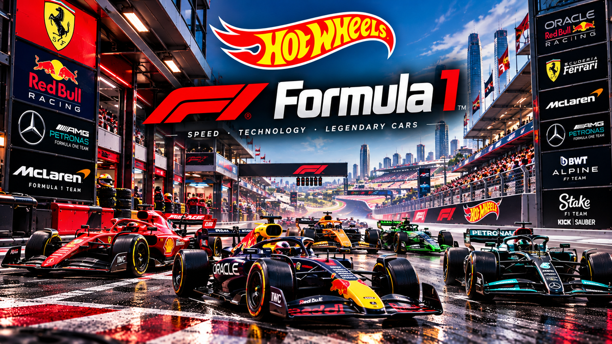 Portada de la colección Hot Wheels Fórmula 1 de The 2 Wheelers, con monoplazas de competición de diferentes colores en un circuito de carreras.
