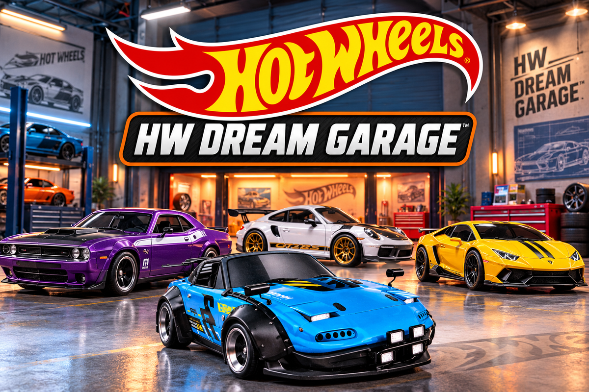 Portada Hot Wheels HW Dream Garage con un Mazda MX-5 Miata azul personalizado y varios deportivos de colores en un garaje de ensueño.