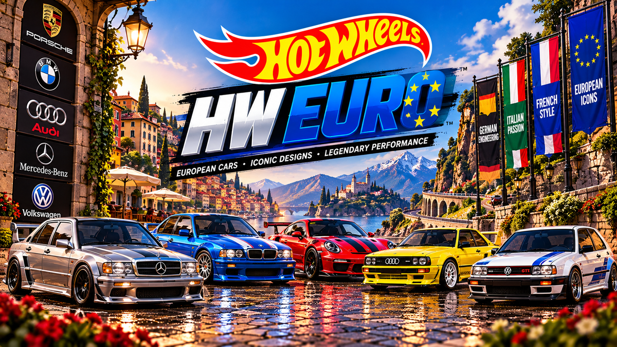 Portada de Hot Wheels HW Euro con deportivos europeos de marcas como Porsche, BMW, Mercedes-Benz, Audi y Volkswagen en un paisaje urbano europeo.