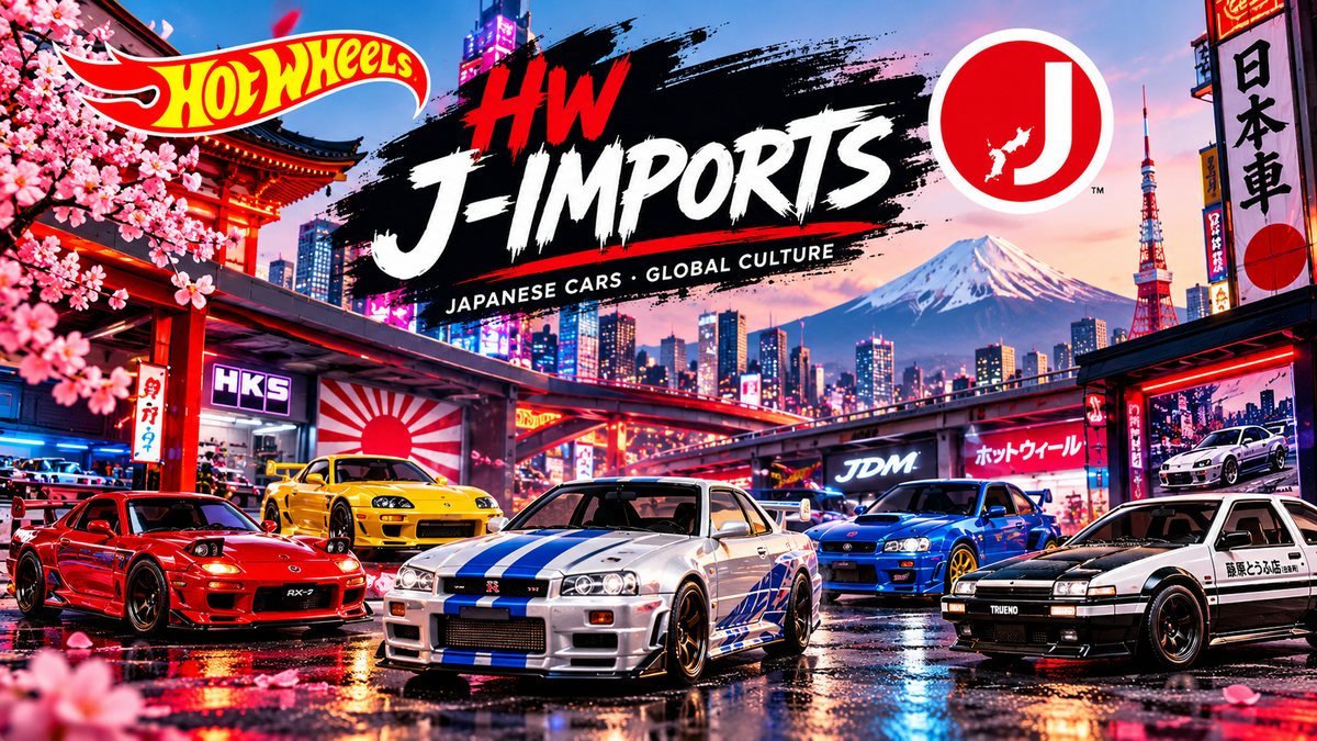 Portada de la colección Hot Wheels HW J-Imports de The 2 Wheelers, con deportivos japoneses y un paisaje urbano de Japón.