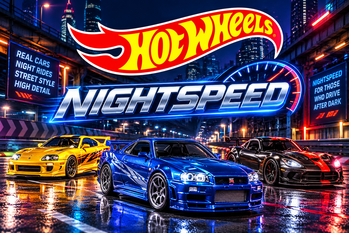 Portada de Hot Wheels Night Speed con deportivos azul, amarillo y negro sobre asfalto mojado, iluminados por luces de neón en una ciudad nocturna.