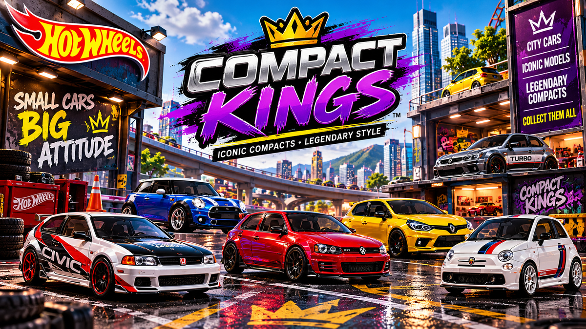 Portada de Hot Wheels Compact Kings con coches compactos deportivos de diferentes colores, ambiente urbano y el título de la serie.
