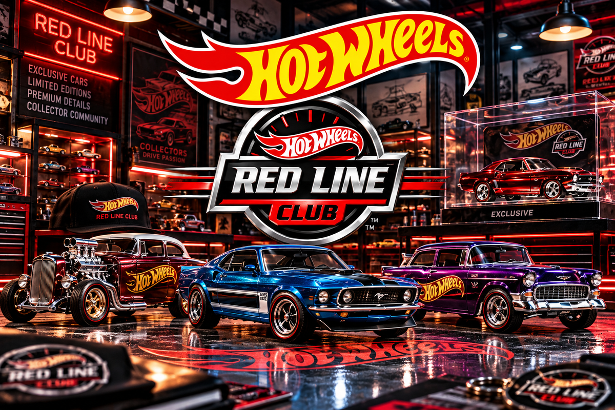 Portada de Hot Wheels Red Line Club RLC con vehículos de colección premium, muscle cars y hot rods, en un showroom exclusivo iluminado con luces rojas.