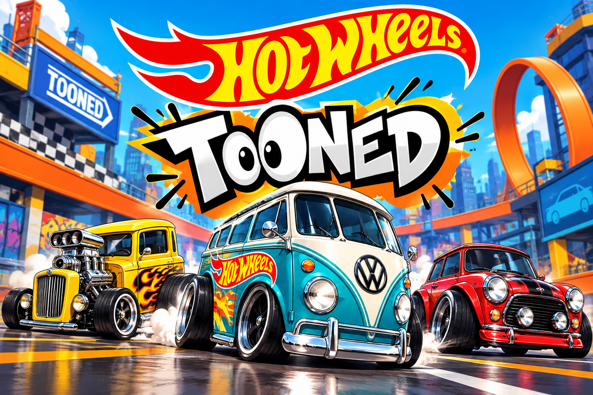 Portada de Hot Wheels Tooned con una furgoneta Volkswagen azul y blanca, un hot rod amarillo y un coche rojo de estilo caricaturesco en un circuito urbano de colores.