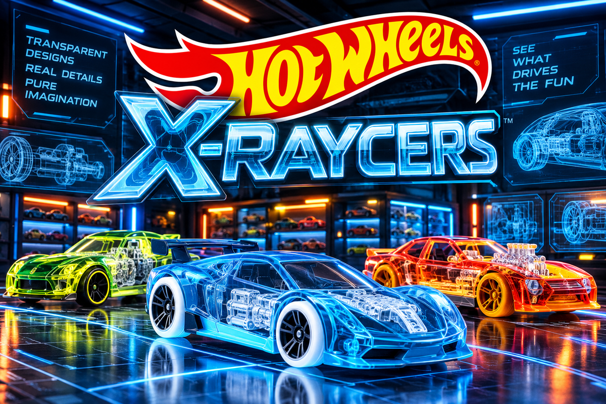 Portada de la colección Hot Wheels X-Raycers con coches de carrocería translúcida azul, verde y naranja en un garaje futurista iluminado con luces de neón.
