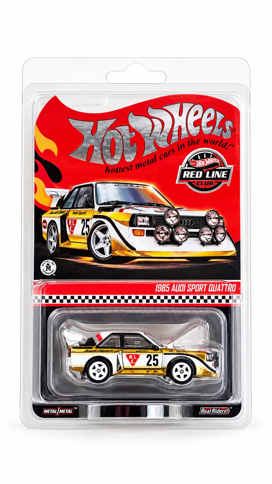 Hot Wheels Red Line Club 1985 Audi Sport Quattro S1, edición RLC 2025, referencia HWF08. Miniatura premium a escala 1:64 con decoración Audi Sport de rally, dorsal 25 y ruedas Real Riders. Nuevo, en su blíster original sin abrir y con carcasa protectora.