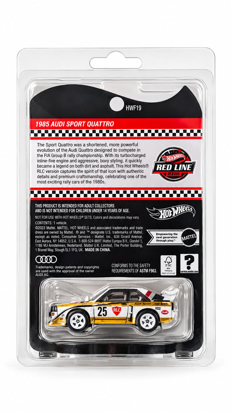 Vista trasera del embalaje original del Hot Wheels RLC 1985 Audi Sport Quattro S1 2025. Se aprecian los distintivos oficiales Red Line Club, la información del fabricante y la presentación de esta edición de coleccionista. Producto nuevo y sin abrir.