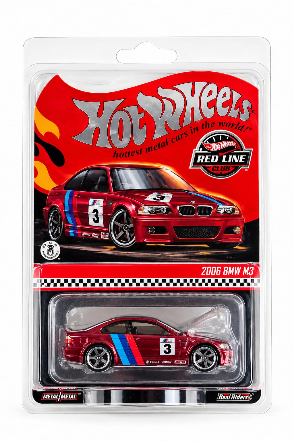Hot Wheels Red Line Club 2006 BMW M3 E46 JCP11, rojo Spectraflame con franjas BMW M Motorsport, dorsal 3 y ruedas Real Riders. Nuevo en blíster original sin abrir.