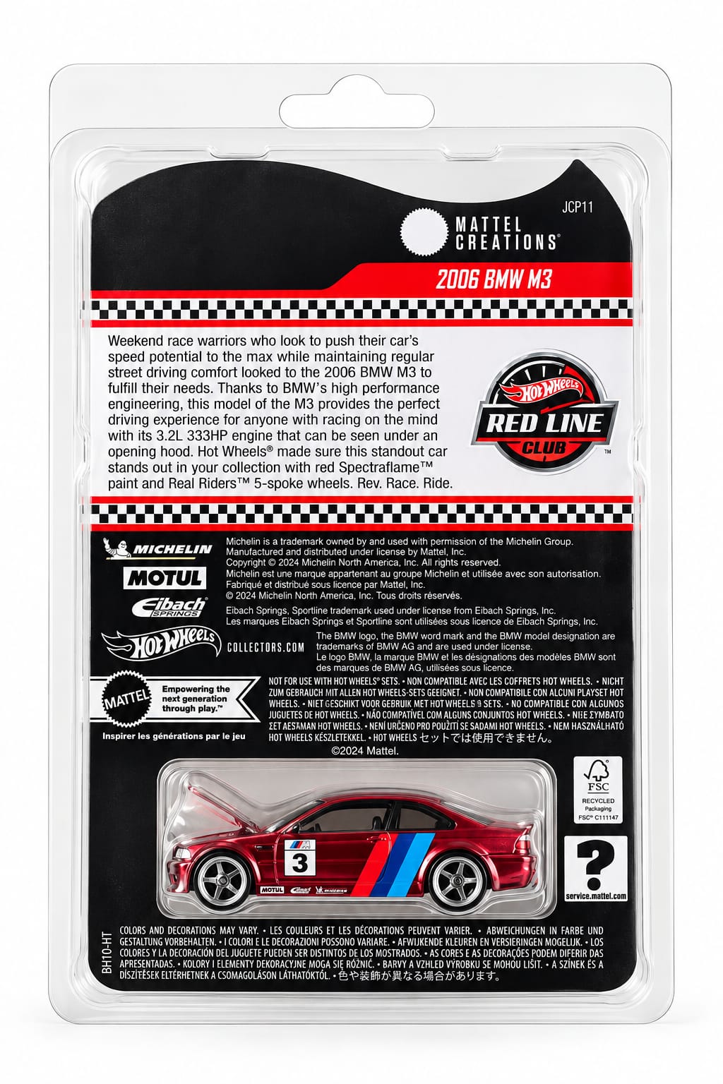 Parte trasera del Hot Wheels RLC 2006 BMW M3 E46, referencia JCP11, con información original de Mattel Creations, distintivo Red Line Club y embalaje sin abrir.