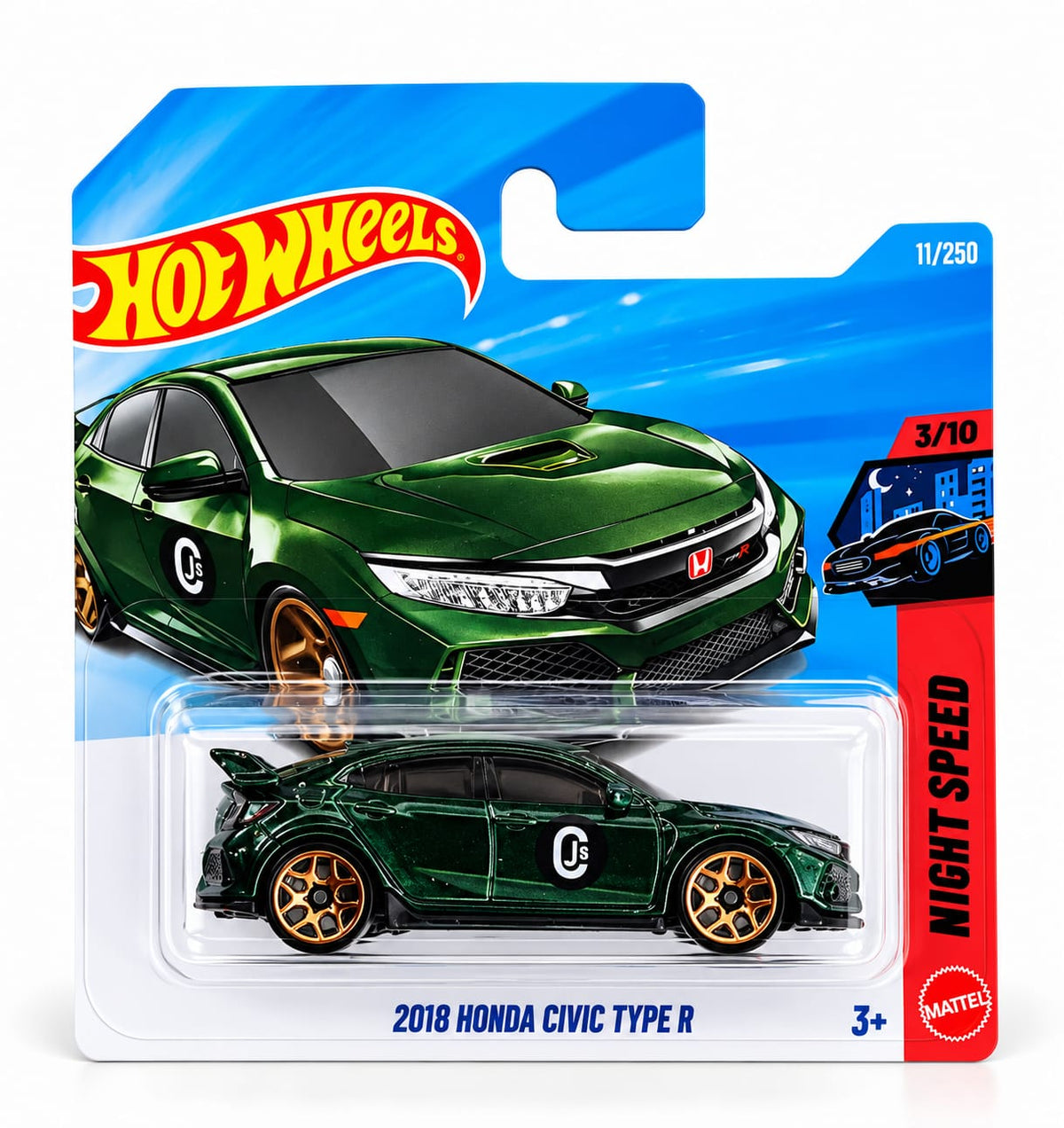 Hot Wheels 2018 Honda Civic Type R verde metalizado con llantas doradas, Night Speed 3/10, número 11/250, nuevo en blister original sin abrir.