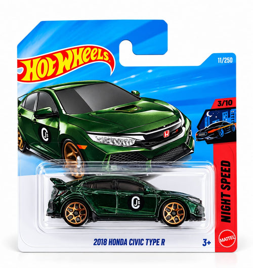 Hot Wheels 2018 Honda Civic Type R verde metalizado con llantas doradas, Night Speed 3/10, número 11/250, nuevo en blister original sin abrir.