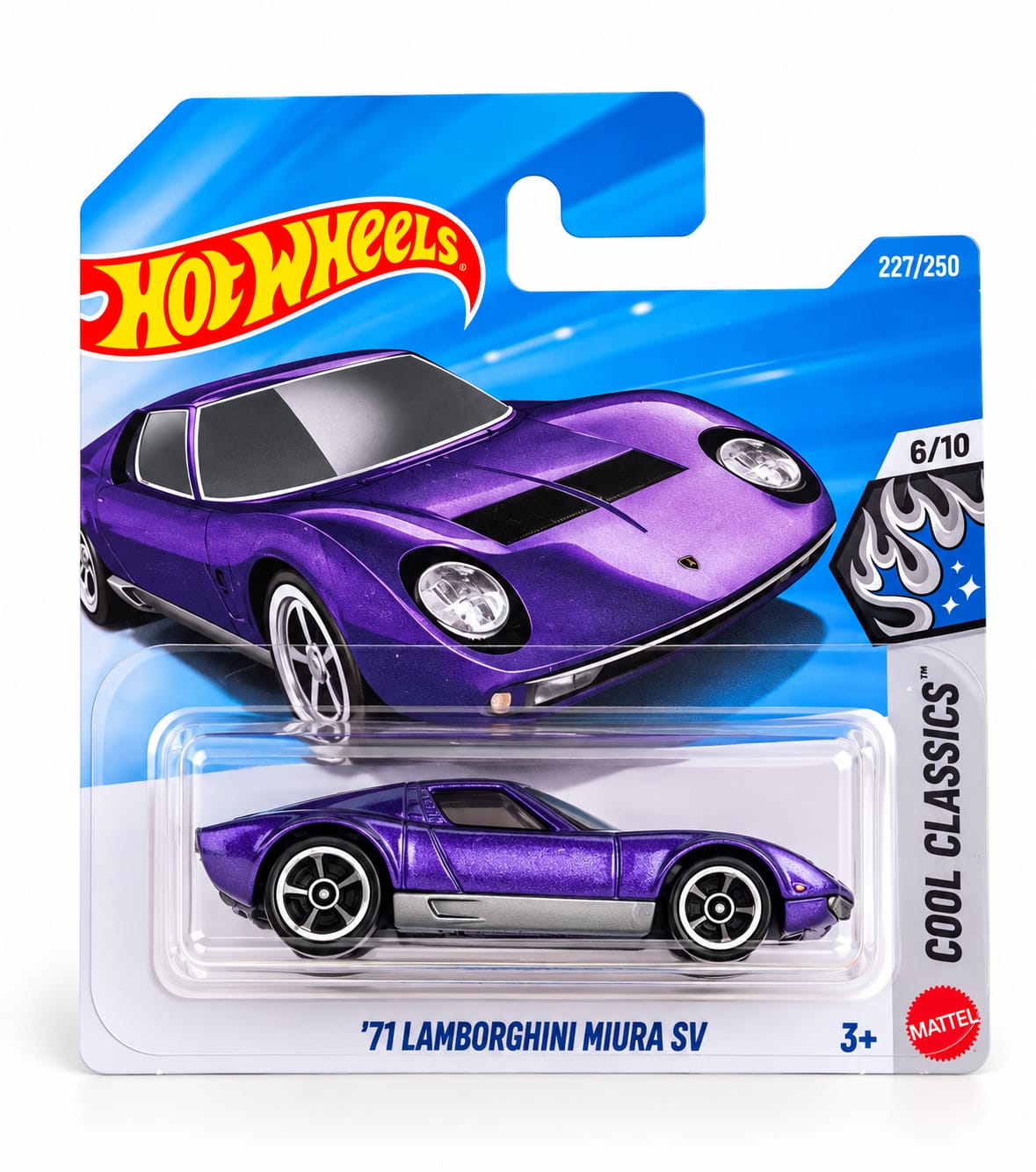Hot Wheels ’71 Lamborghini Miura SV morado metalizado, serie Cool Classics 6/10, número 227/250, nuevo en blister original sin abrir.