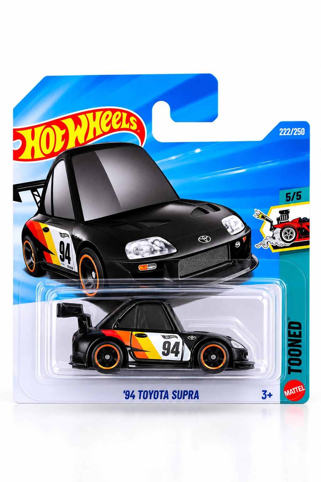 Hot Wheels '94 Toyota Supra Tooned 2026 negro con dorsal 94, gráficos de competición y llantas con aro naranja, 222/250, en blíster original.