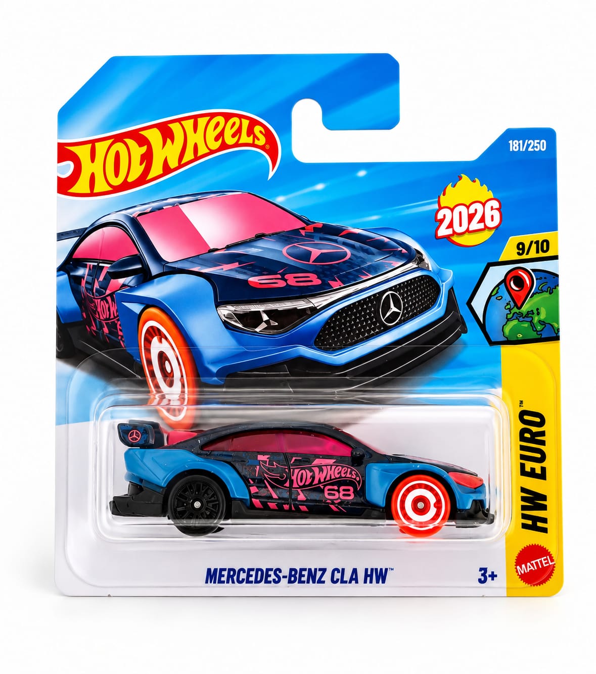 Hot Wheels Mercedes-Benz CLA HW 2026 azul con decoración rosa y negra, serie HW Euro 9/10, número 181/250, en blister original sin abrir.