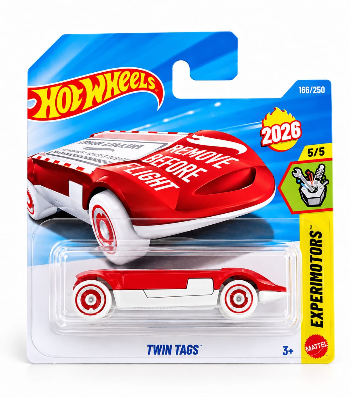 Hot Wheels Twin Tags 2026 rojo y blanco, Experimotors 5/5, número 166/250, con decoración Remove Before Flight, nuevo en blister original sin abrir.
